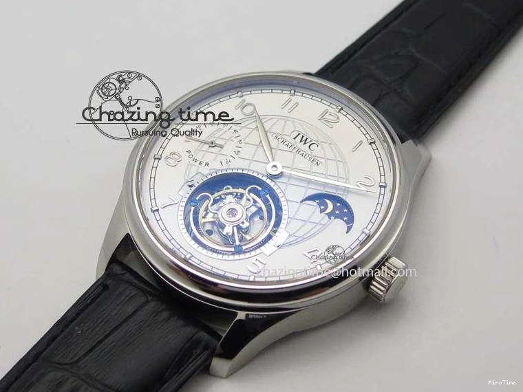 MIROTIME 0120 UrbanStyle Portuguese Tourbillon Power Reserve Moonphase SS White Dial On Black Leather Strap 7318